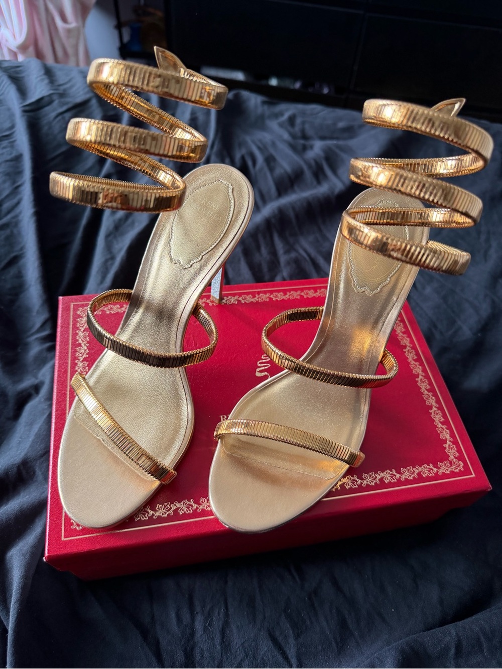 Rene Caovilla Gold Spiral Strap Heeled Sandals